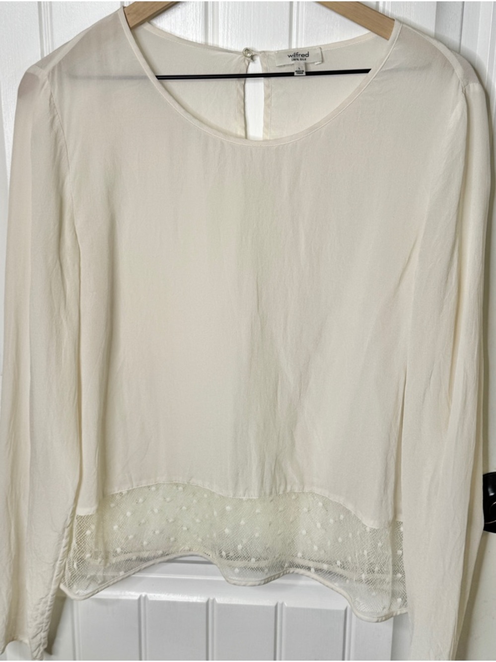 Aritzia Wilfred 100% Silk Blouse Ivory Sheer Swiss Dot Lace Long Sleeve Large